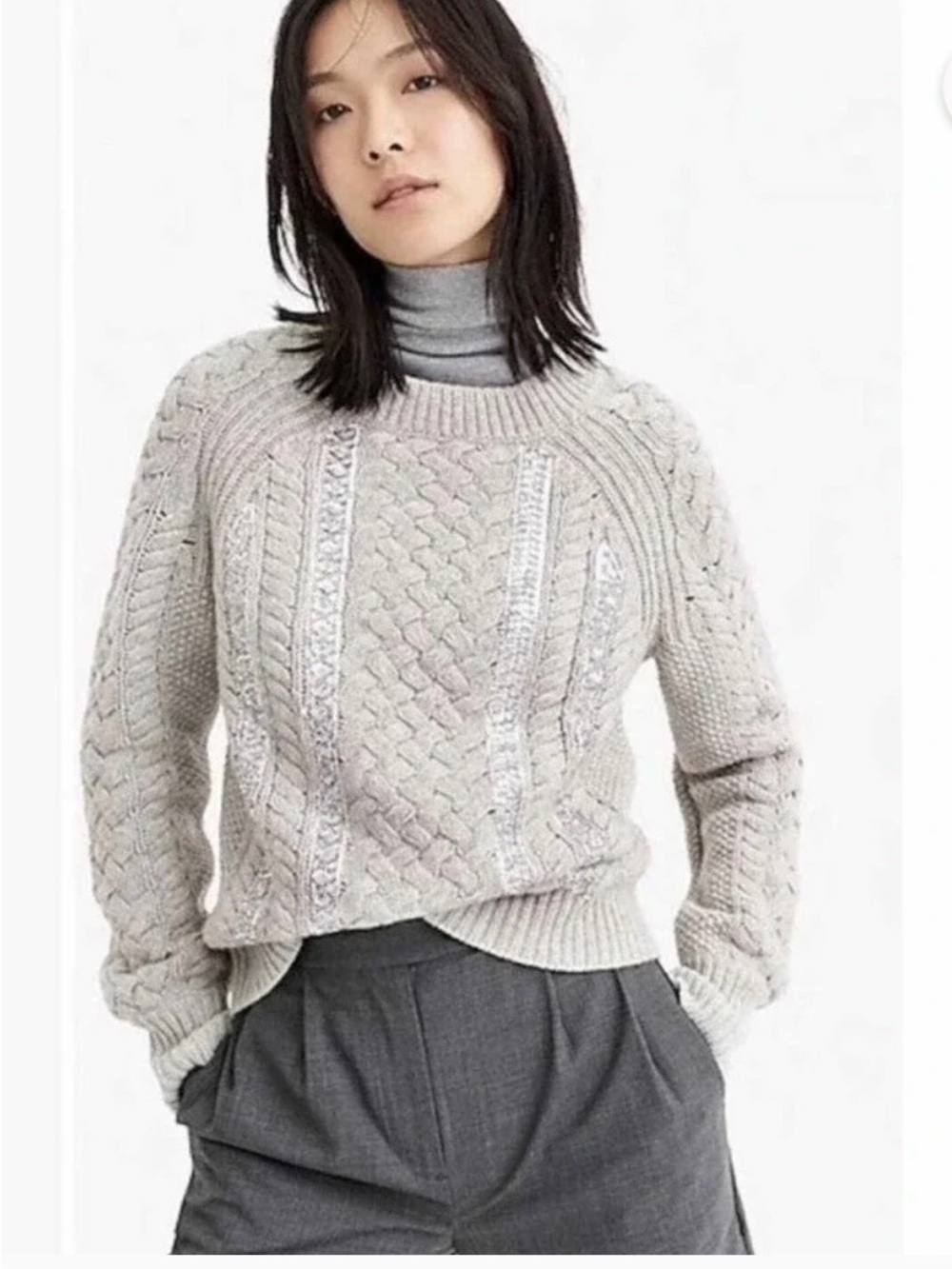 J Crew Cable Knit Crewneck Sweater in Light Gray